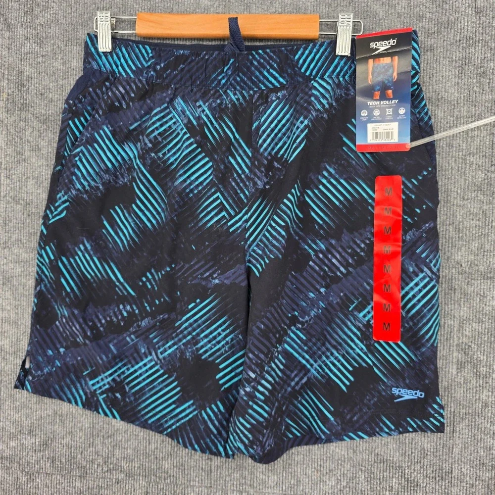 Speedo Tech Volley Mens Swim Shorts Blue Geometric Print UPF 50+ Medium NWT